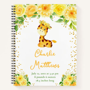 Giraffe Yellow Floral Birth Statistics Notebook