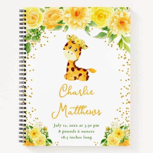 Giraffe Yellow Floral Birth Statistics Notebook (Front)
