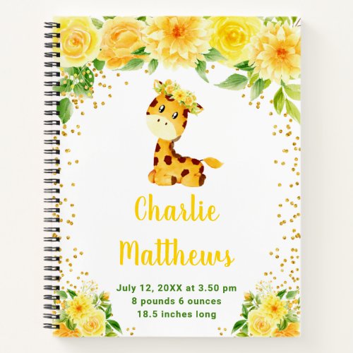 Giraffe Yellow Floral Birth Statistics Notebook