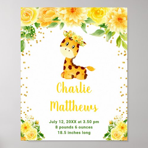 Giraffe Yellow Floral Birth Statistics Poster