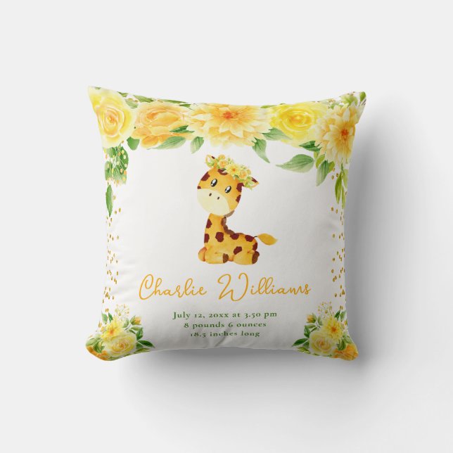 Giraffe Yellow Floral Birth Statistics Throw Pillow (Front)