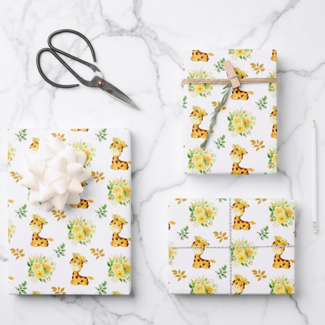 Giraffe Yellow Floral Flowers Wrapping Paper Sheets (Front)