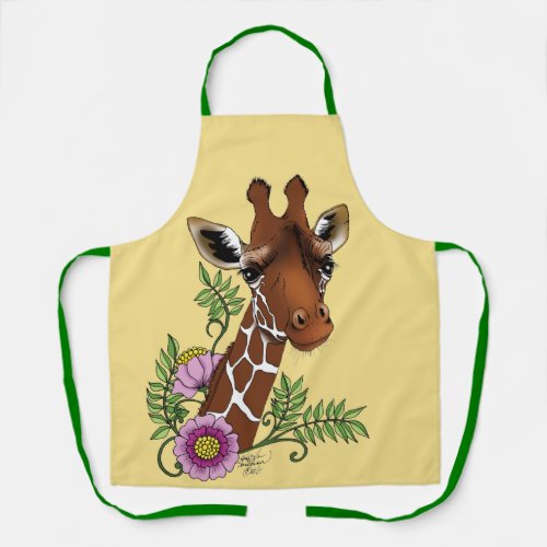 Giraffe Yellow Portrait Flowers  Apron