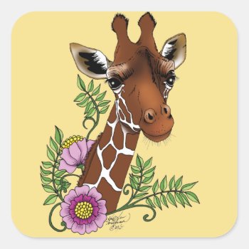 Giraffe Yellow Portrait Flowers Square Sticker by tigressdragon at Zazzle