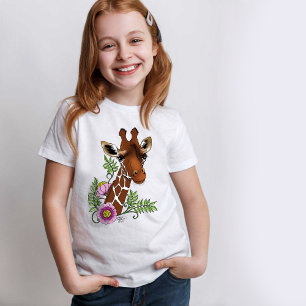Giraffe Yellow Portrait Flowers T-Shirt