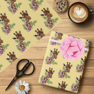 Giraffe Yellow Portrait Flowers Wrapping Paper