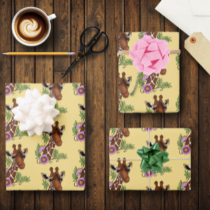 Giraffe Yellow Portrait Flowers Wrapping Paper Sheets