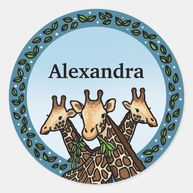 Giraffes and Laurel, Add Your Name Classic Round Sticker (Front)