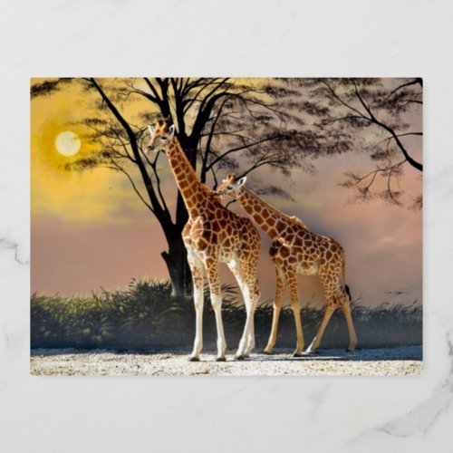 Giraffes and trees foil holiday postcard