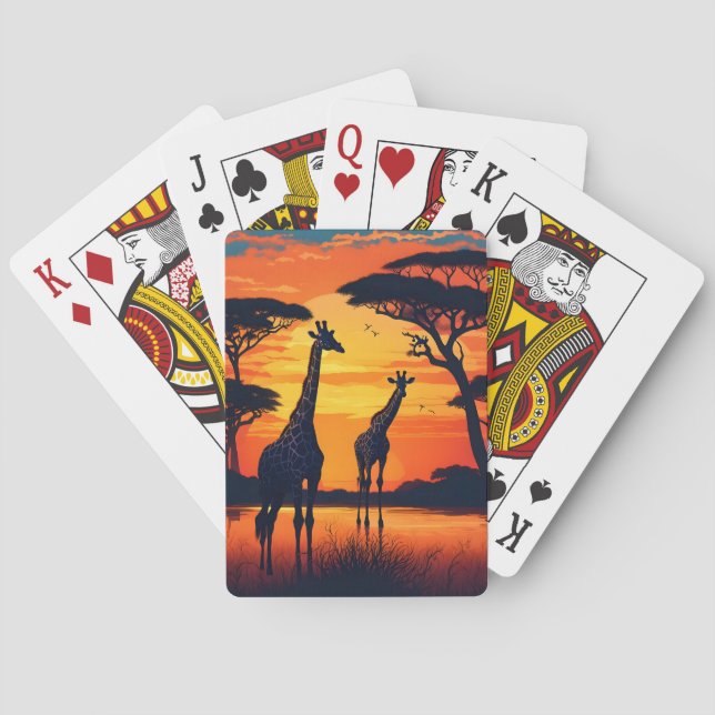 Giraffes at a Watering Hole at Sunset Poker Cards (Back)