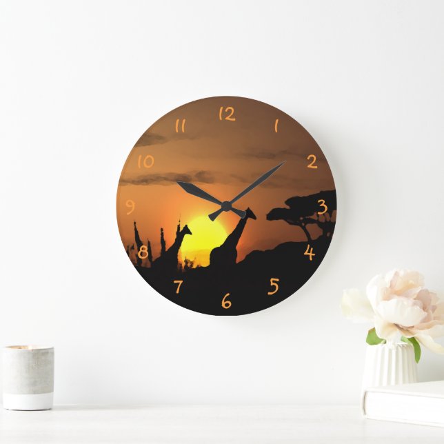 Giraffes At Nairobi Safari Sunset Watercolor Art Large Clock (Home)