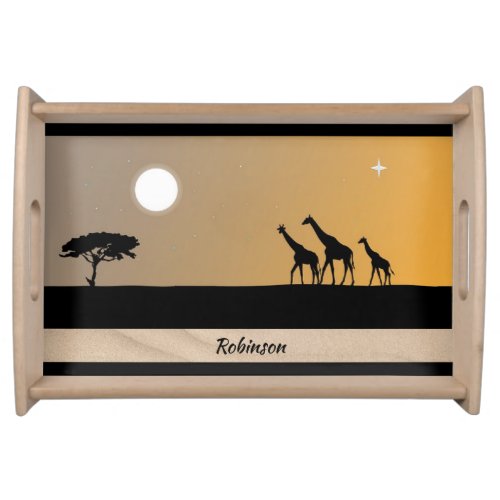 Giraffes At Sunset with Full Moon Serving Tray