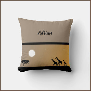 Giraffes At Sunset with Full Moon Throw Pillow