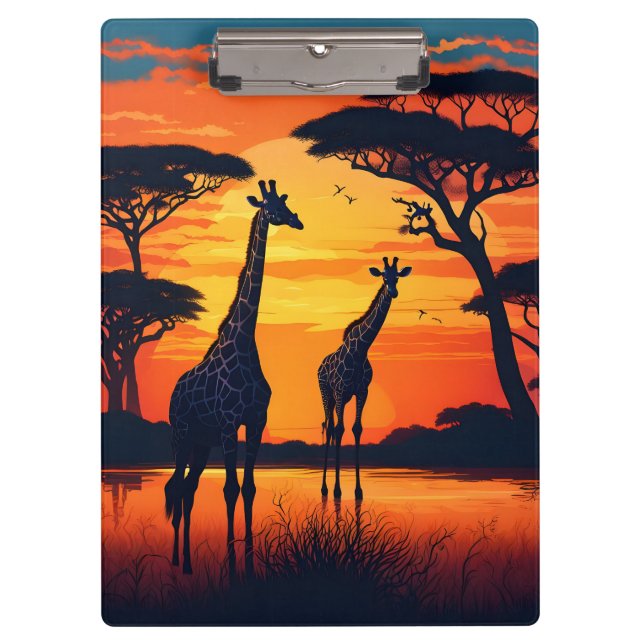Giraffes at the Watering Hole at Sunset Clipboard (Front)