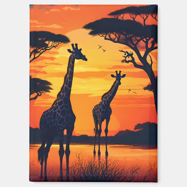 Giraffes at the Watering Hole at Sunset Magnet (Front)