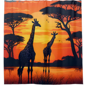Giraffes at the Watering Hole at Sunset Shower Curtain