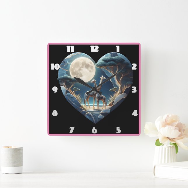 Giraffes beneath a moonlit sky square wall clock (Home)