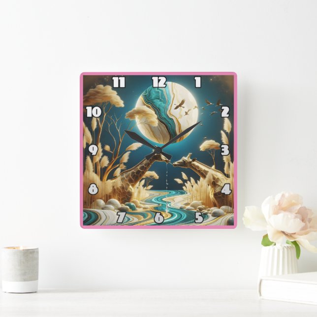 Giraffes by a moonlit river square wall clock (Home)