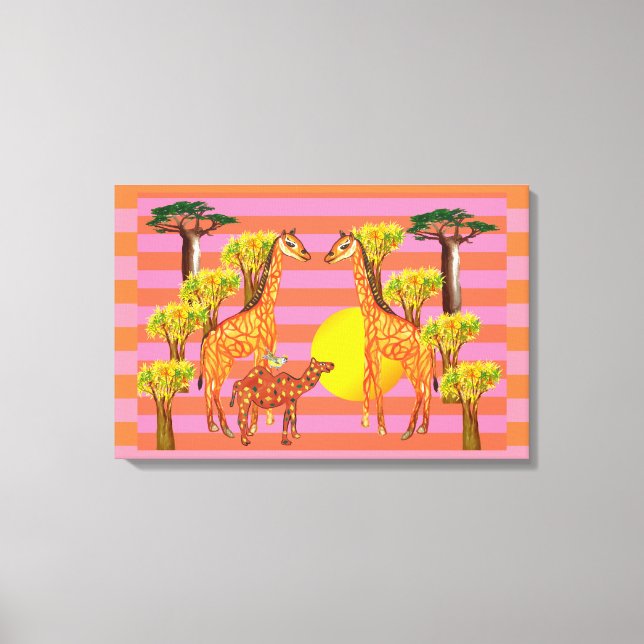 Giraffes, Camel and a bird Wrapped Canvas Print (Front)