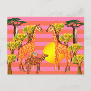 Giraffes, Camel, Bird  Drawing Postcard