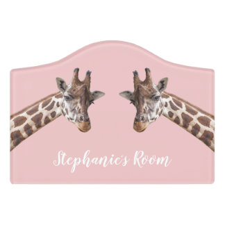 Giraffes Cute Safari Animals on Pink Girls Name Door Sign