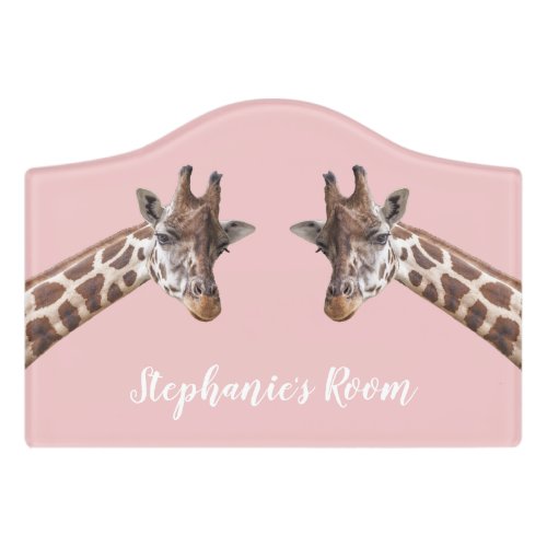 Giraffes Cute Safari Animals on Pink Girls Name Door Sign