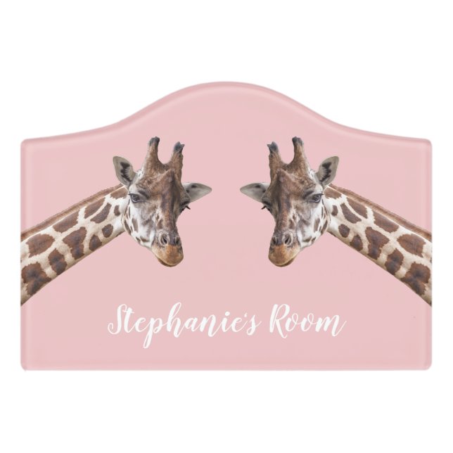 Giraffes Cute Safari Animals on Pink Girls Name Door Sign (Small Crest Front)