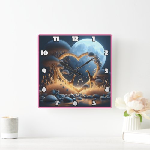 Giraffes embracing love beneath a moonlit sky square wall clock