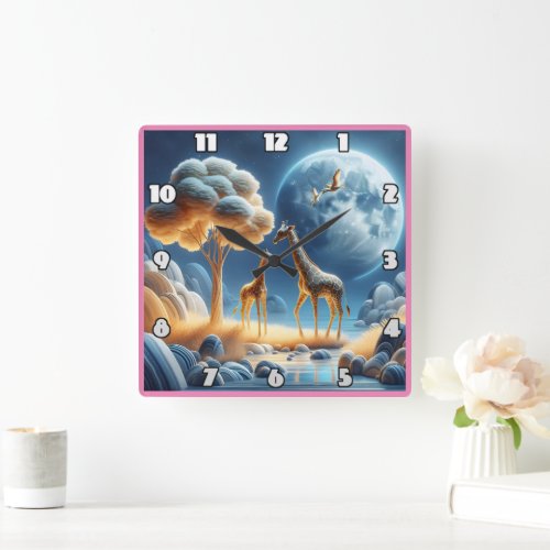 Giraffes exploring a serene night under the moon square wall clock