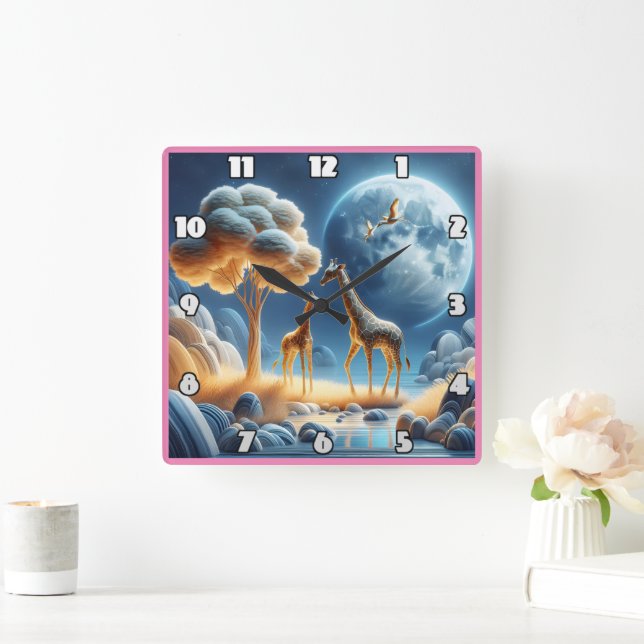 Giraffes exploring a serene night under the moon square wall clock (Home)