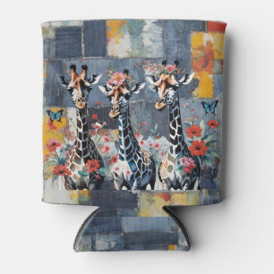 Giraffes Floral on Retro Denim Patchwork Can Cooler