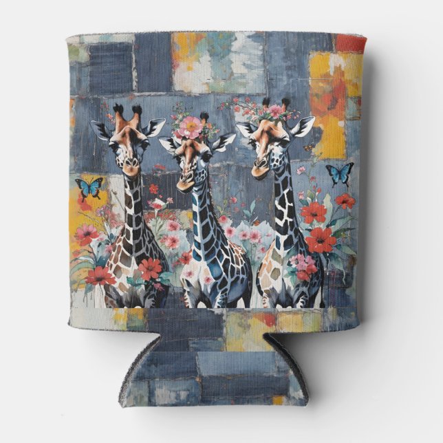Giraffes Floral on Retro Denim Patchwork Can Cooler (Front)