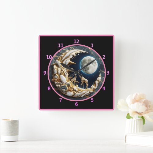 Giraffes gazing under a majestic African moonlight Square Wall Clock