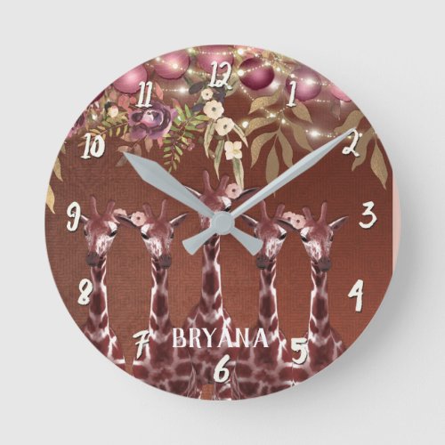 Giraffes Giraffe Floral Rustic Brown Personalized Round Clock