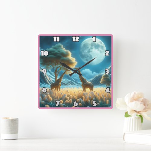 Giraffes grazing under Africas moonlight Square Wall Clock