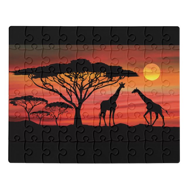 Giraffes in a African Serengeti Sunset Jigsaw Puzzle (Puzzle Horizontal)