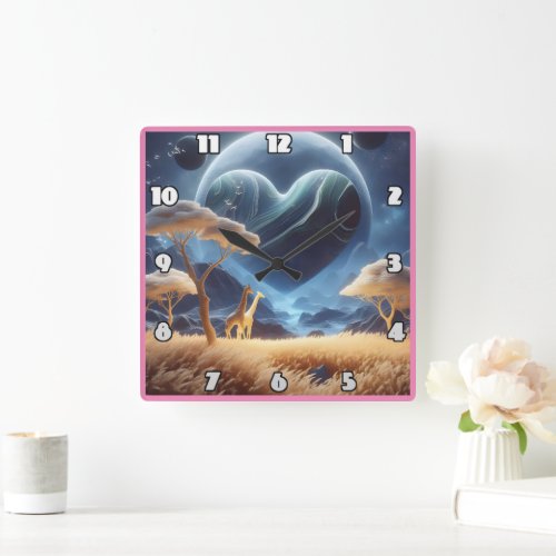 Giraffes in a cosmic landscape square wall clock