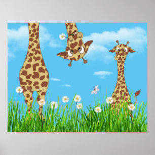 Giraffes in Grass with Clouds Poster