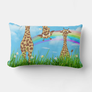 Giraffes in Grass with Rainbow Lumbar Pillow