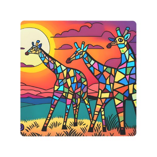 Giraffes in the Savanna Under the Evening Sun Metal Print