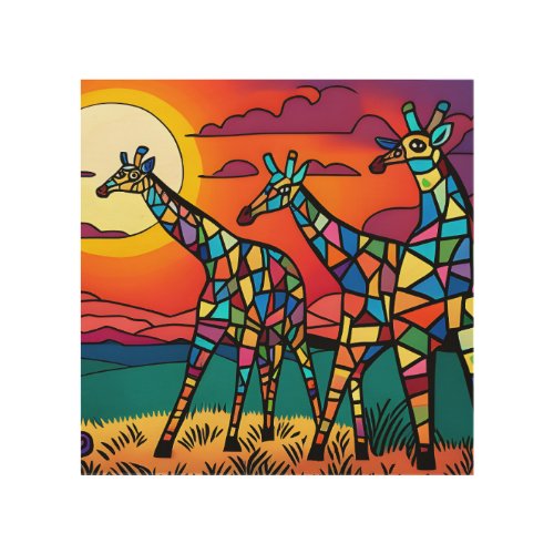 Giraffes in the Savanna Under the Evening Sun Wood Wall Art