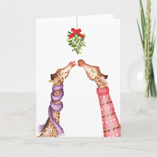 Giraffes kissing under mistletoe Christmas card (Front)