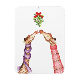 Giraffes kissing under mistletoe Christmas magnet