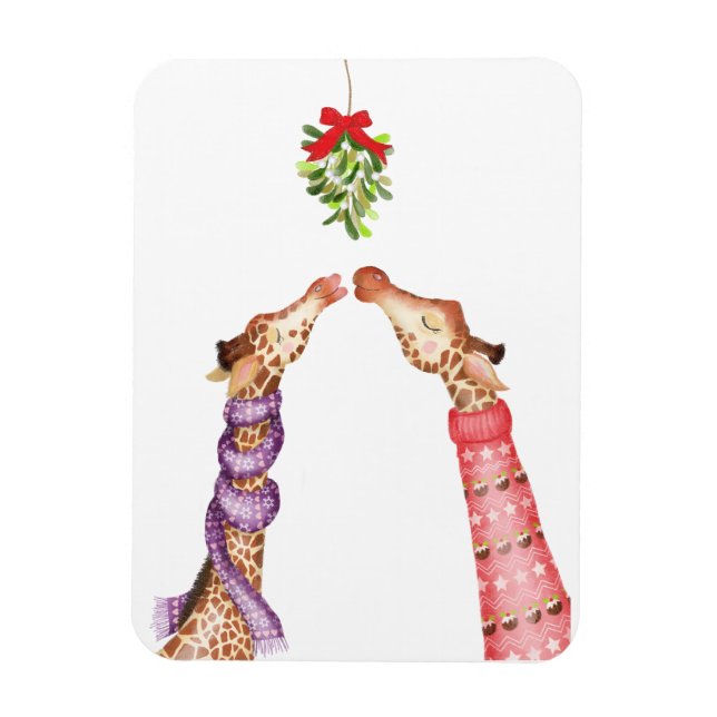 Giraffes kissing under mistletoe Christmas magnet (Vertical)