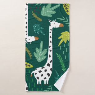 Giraffes, leaves, hand drawn backdrop. Colorful se Bath Towel