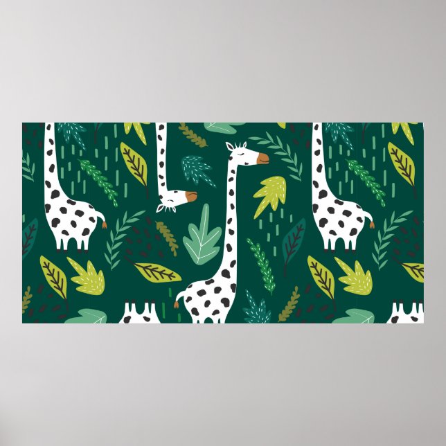 Giraffes, leaves, hand drawn backdrop. Colorful se Poster (Front)