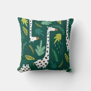 Giraffes, leaves, hand drawn backdrop. Colorful se Throw Pillow