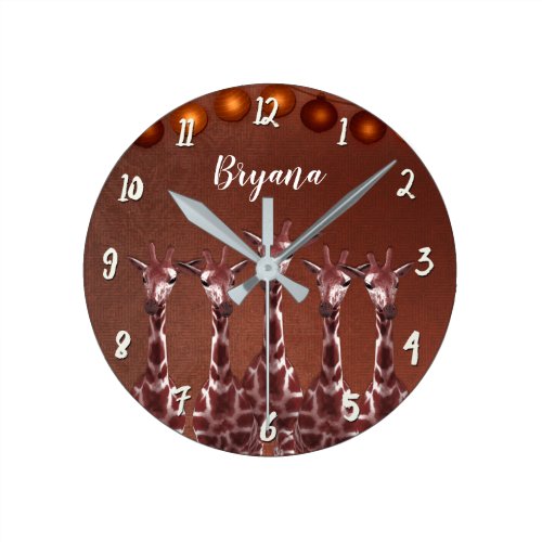 Giraffes &amp; Lights Rustic Brown Chic Personalized Round Clock