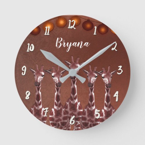 Giraffes  Lights Rustic Brown Chic Personalized Round Clock