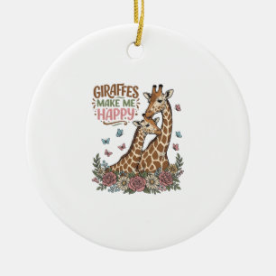 Giraffes Make Me Happy Vintage Floral Shirt Design Ceramic Ornament
